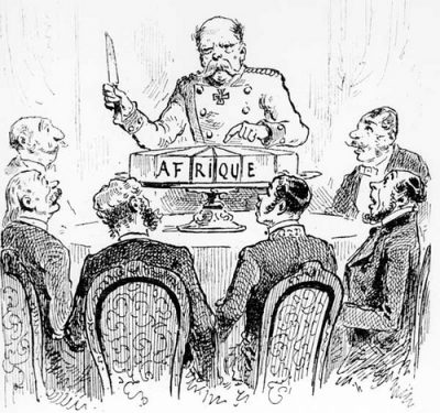 La conférence de Berlin : le chancelier Bismarck partageant le gâteau africain. Caricature de Draner pour l'Illustration, 1885