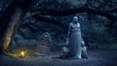 fantasy©Pixabay une tombe où est inscrit RIP, acronyme de Requiescat in pace (Qu'il/elle repose en paix). Une statue antique représente une grande femme traînant au sol et par les cheveux deux individus nus visiblement morts.