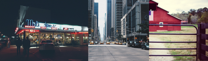 plusieurs images représentant les états unis : un dinner, une rue de New-York et une ferme