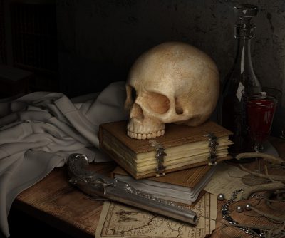 skull©Pixabay Une nature morte à l'ambiance inquiétante où l'on voit un crâne, un livre ancien, un pistolet, des cartes, de vieux bijoux ...