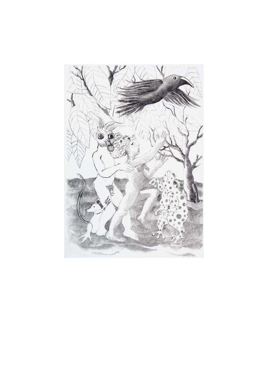 Un homme nu, à la tête de lapin, retient une femme nue qui tend les bras vers un oiseau. Derrière l’homme, une souris s’accroche à ses cuisses. Devant la femme, une grenouille lève les yeux vers l’oiseau. Cette scène se passe dans la nature. En arrière-plan, à gauche de la scène, un arbre dépolit ses feuilles sur les deux tiers supérieurs de l’image.