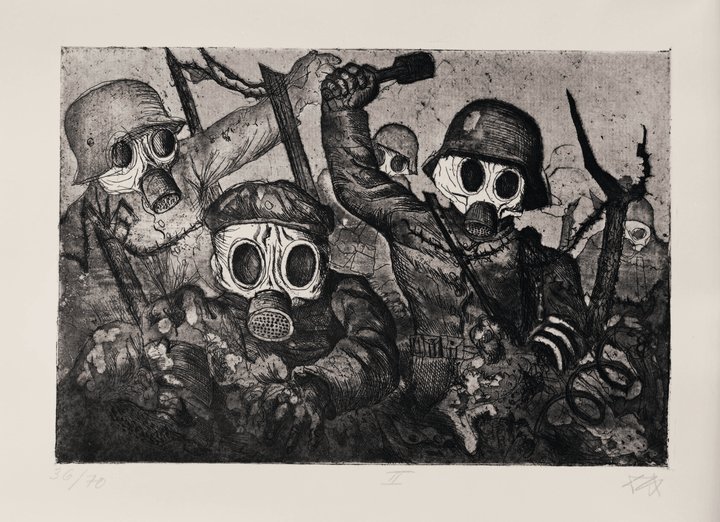 Assaut sous les gaz, représentant des soldats sur le front avec des masques à gaz, par Otto Dix