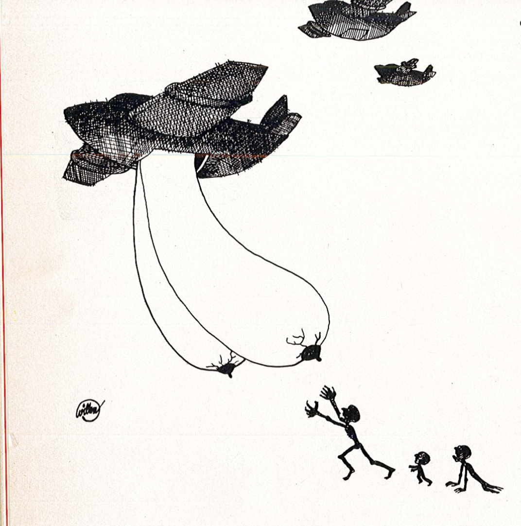 En haut de l'image, trois avions noirs. Un au premier plan qui largue de la nourriture, représentée sous forme de seins. En bas à droite, trois corps décharnés qui marchent et rampent vers la nourriture.