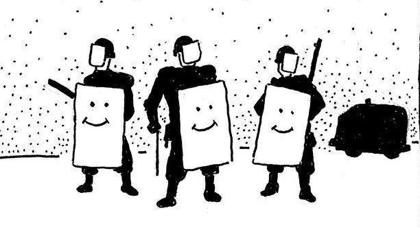 Dessin en noir et blanc. Au premier plan, trois personnes en tenue de CRS avec des matraques à la main et des grands boucliers, où sont dessinés des visages souriants. Au loin, la forme d'une ambulance. Tout devant mais en petit, un œil qui roule par terre.
