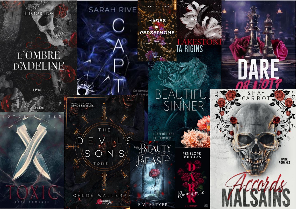 Compilation de couvertures de Darkromances illustré par des crânes, des couteaux, du sang, des pièces d'échecs, des fleurs... dans des teintes sombres