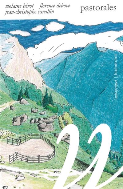 Couverture du livre pastorales avec un paysage dessiné : montagnes avec un parc à brebis au premier plan